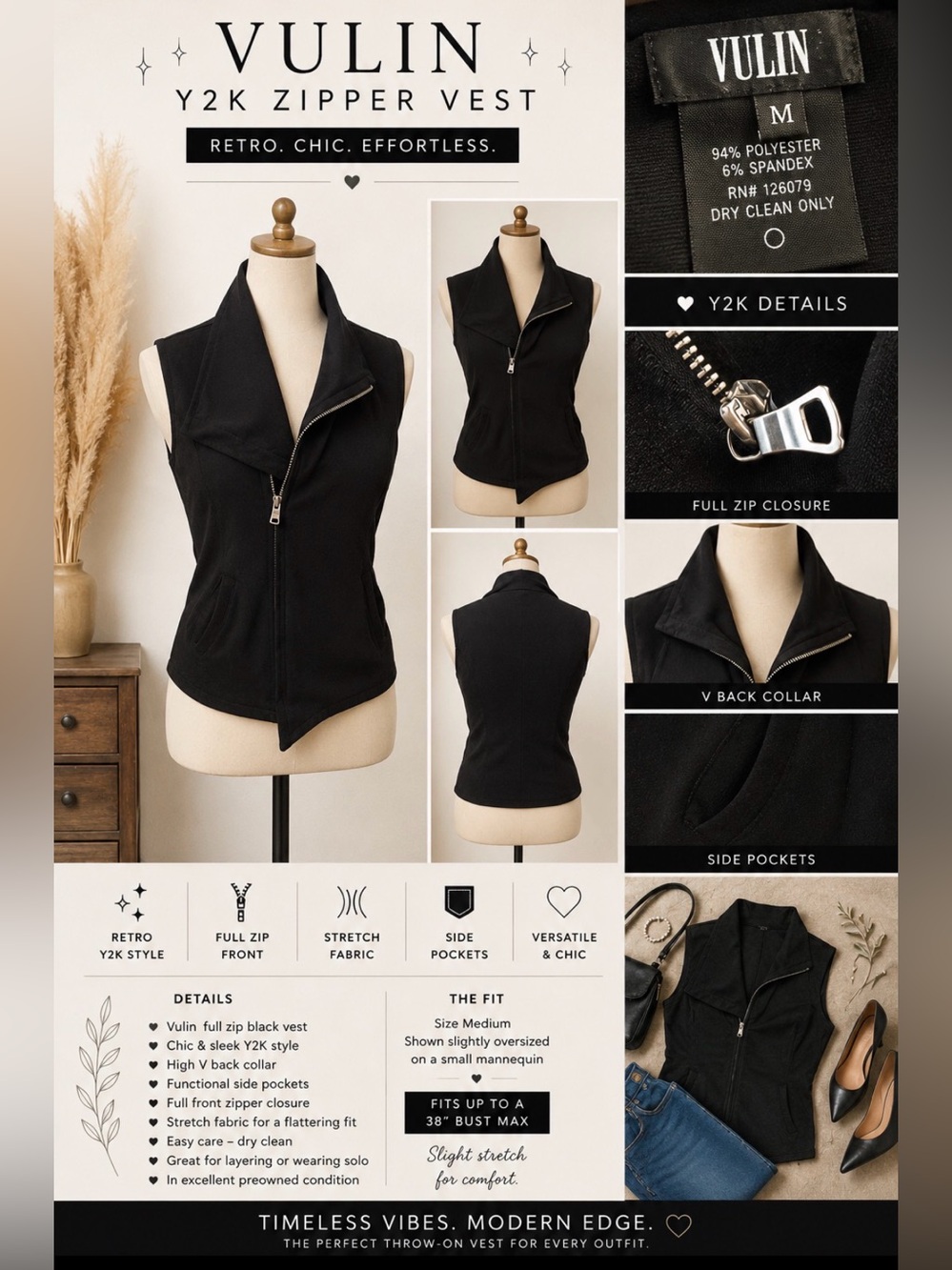 Vulin - full zip- black vest - pockets - size M